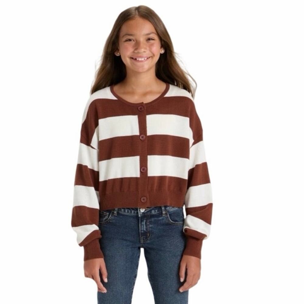 Art Class Girls' Striped Cardigan - Brown & Cream Layer
